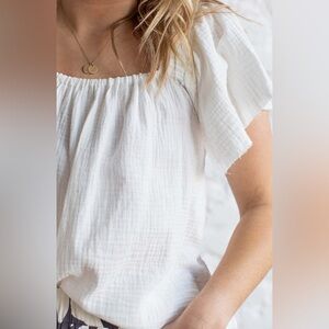 White Smocked Off-the-Shoulder Flutter Sleeve Top Size Small